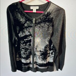 Christopher & Banks women’s M petite full zip sweater Charcoal and Black Knit